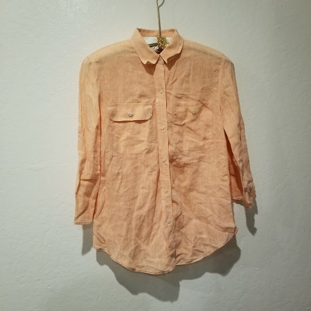 Lauren Ralph Lauren Women's Medium Orange Linen Button-Down Shirt Top 3/4 Sleeve